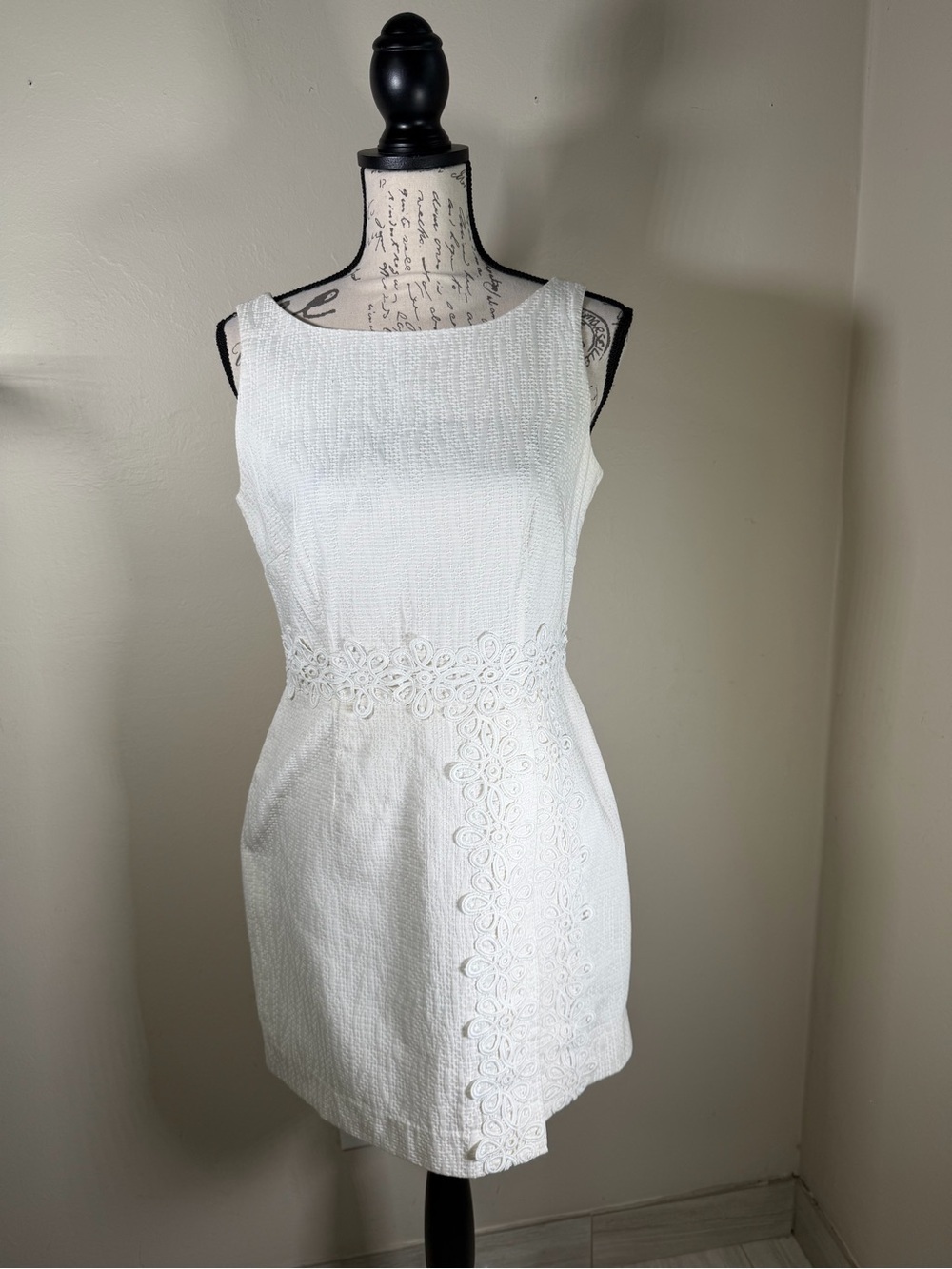 Taylor White Sleeveless Mini Dress with Floral Lace Waist Detail